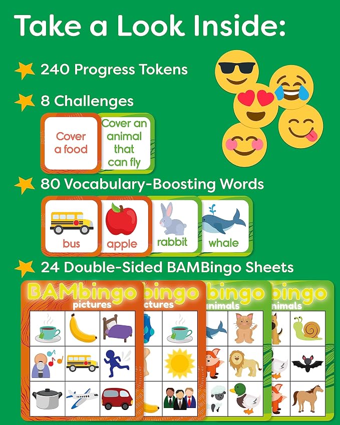 THE BAMBINO TREE Animal and Picture Bingo Game for Kids - Flash Cards Matching Learning Board Game for Ages 3-6 Preschool, Kindergarten & Family Fun