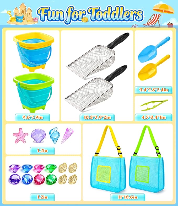 DISHIO Beach Toys for Kids, 24 Pcs Metal Sand Sifter & Collapsible Beach Buckets Set, Stainless Steel Sand Shovel, Sandcastle Building Kit with Mesh Bag, Travel Sand Toys for Toddlers Age 3-10