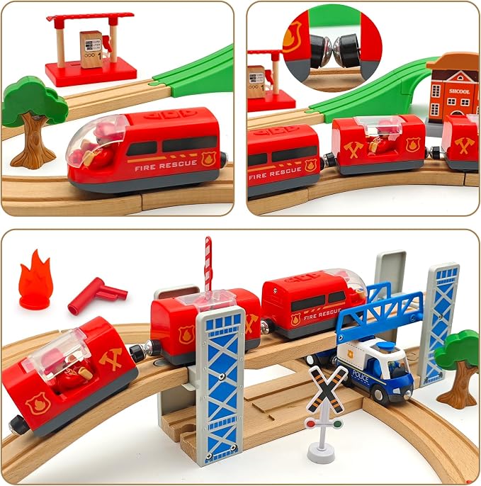 Battery Operated Rescue Fire Fighting Truck for Wooden Train Tracks with Figures Kids Magnetic Wooden Trains Set for Toddlers Boys 3-5 4-8 (Without Battery and Tracks)
