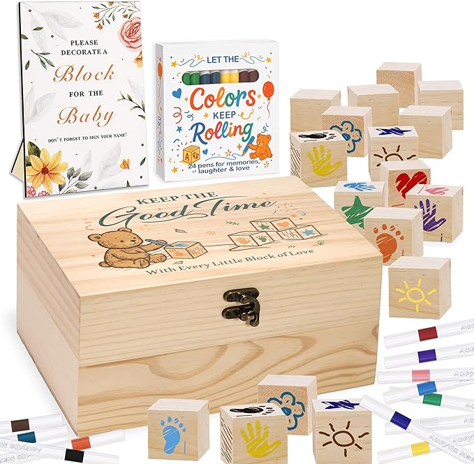 78 PCS Shower Games Sign Kit for Boys Girls, Wooden Box and Sign, Blank Wooden Blocks for DIY Drawing, Markers, Shower Game for Gender Reveal Activity, Shower Ideas Decorations, Bear D