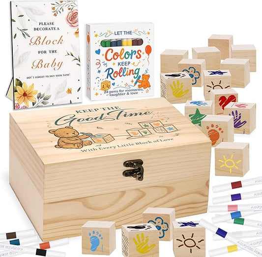 78 PCS Shower Games Sign Kit for Boys Girls, Wooden Box and Sign, Blank Wooden Blocks for DIY Drawing, Markers, Shower Game for Gender Reveal Activity, Shower Ideas Decorations, Bear D