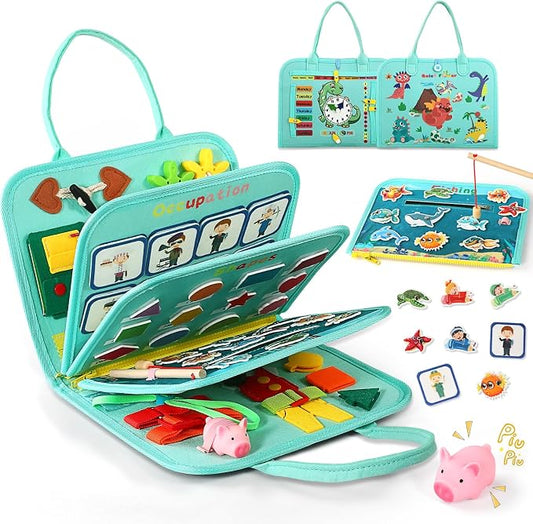 Toddler Busy Board for 1 Year Old, Montessori Toy Sensory Busy Book for Toddler 1-3 Fishing Game Fine Motor Skill, Learning Car Ride Airplane Activities Travel Essential 2-4 Birthday Gift for Boy Girl