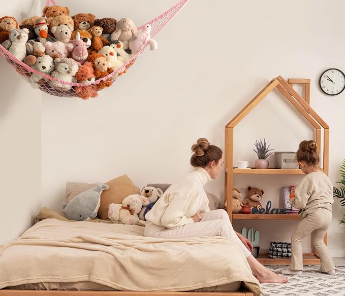 Stuffed Animal Storage Hammock Net Corner - Large Toy Hammock Net for Stuffed Animals Room Decor - Cute Stuff Animal Organizer Holder for Plush Plushie - Kids Baby Nursery Wall Bedroom Home Decor