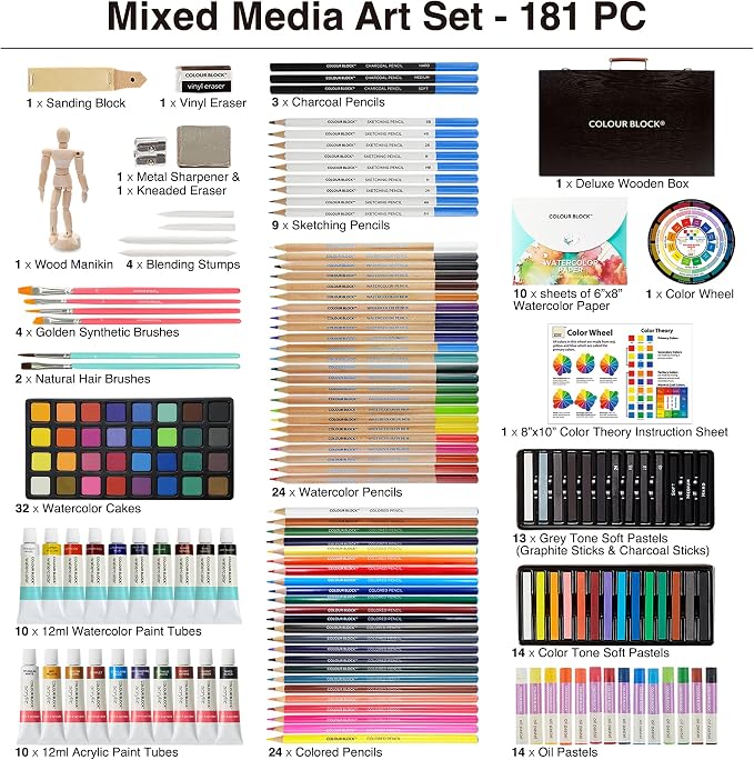 COLOUR BLOCK 181-Piece Mixed Media Art Set in Wooden Case, Deluxe Drawing Set and Professional Art Supplies for Adults, Art Kit for Drawing, Sketching, Painting with 12 Mediums, 11 Tools and Paper