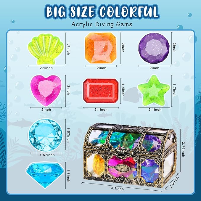 DISHIO Diving Gem Pool Toys 16PCS Large Swimming Pool Toy Set with Pirate Treasure Box Chest for Kids Toddlers Underwater Sinking Dive Gems Colorful Diamond Diving Toys for Swimming Training