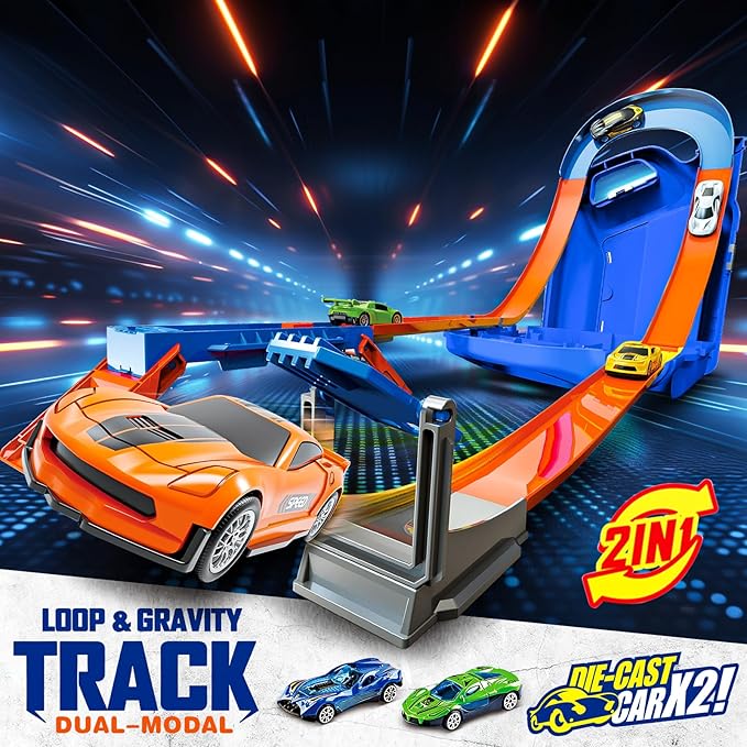 Race Track Toy Car Set with 2 Race Cars,2 in 1 Car Tracks Style with Storage Box,Changeable Tracks Toys Birthday Easter Gifts for Kids 3 4 5 6 7 8+Year Old Boys Girls (Blue)