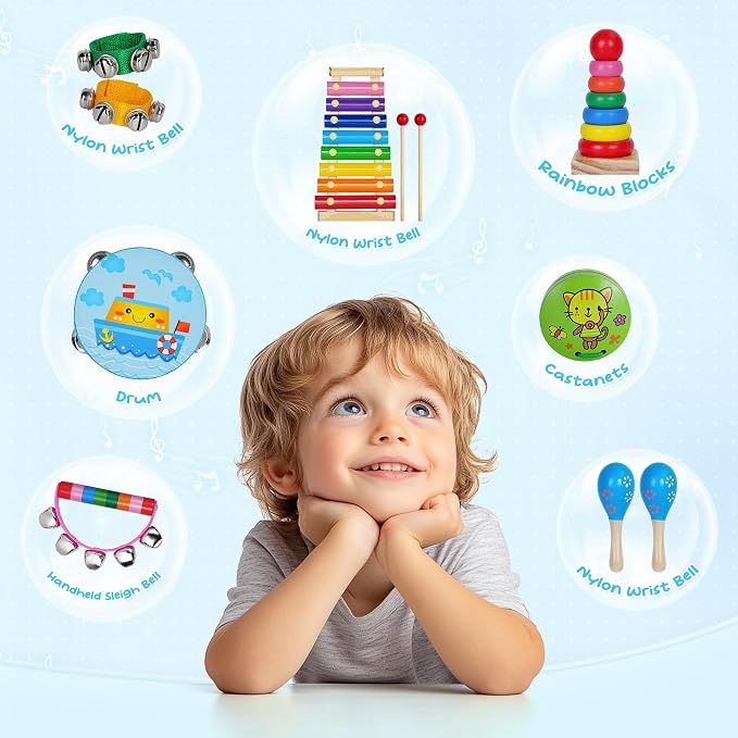 Childom Kids Musical Instruments for Toddlers,Baby Musical Toys for Toddlers,Preschool Educational Kids Gifts,Christmas Birthday Gifts for Boys Girls,Xylophone,Maracas,Wooden Instruments Toddler Toys