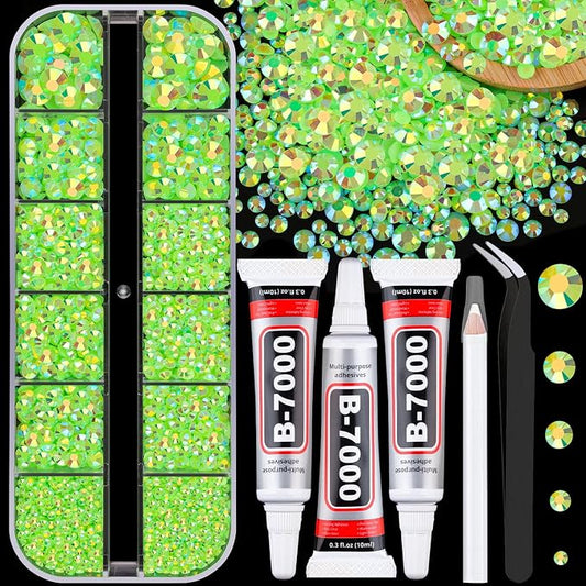 Resin Jelly Rhinestones for Crafting with B7000 Jewelry Glue, 1 Box Fluorescent Green AB Flatback Crystal with 3Pcs 10ml Glue, Bedazzling Non Hotfix Gems for DIY Tumblers Clothing Shoes Manicure