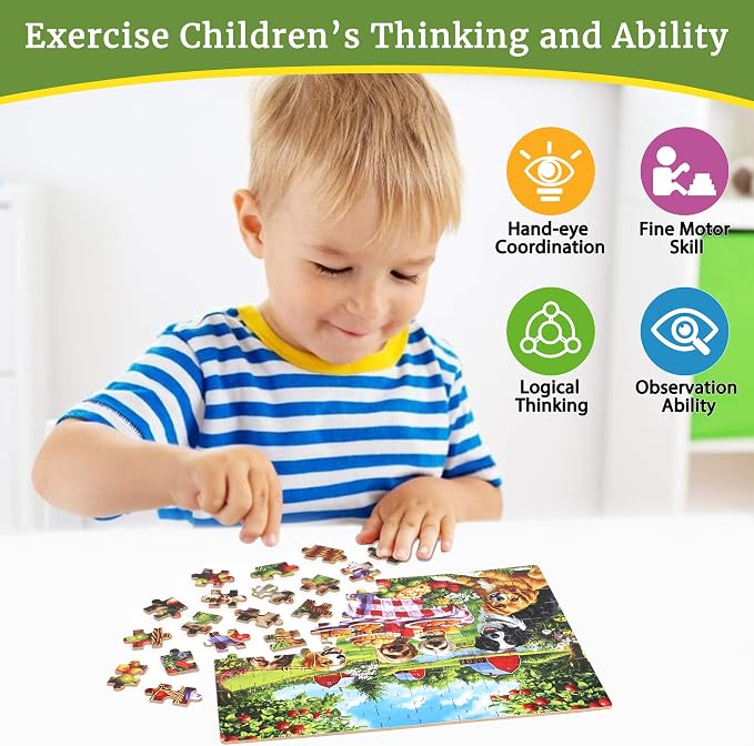 MZZOTOY Puppy Dogs Animal Picnic Puzzles for Kids Ages 4-8, 100 Pieces Jigsaw Puzzles for Kids Ages 3-5 Puzzle for Girls and Boys Learning Educational Puzzles Toys in a Metal Box
