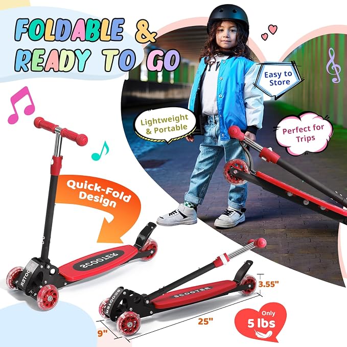 3 Wheel Kids Kick Scooter for Ages 3-12, Lean-to-Steer, Light-Up Wheels, 3-Level Adjustable Handlebar 27.5”-33”, Wide Non-Slip Deck, Dual Rear Brake,Travel Foldable, for Boys & Girls Toy Gifts
