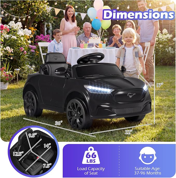 Costzon Ride on Car, 12V Licensed Ford Mach E Kids Electric Vehicle with Parent Remote, LED Lights, Horn, Music, Wireless Connection & Spring Suspension, Kids Car Toy for Girls Boys (Deep Black)