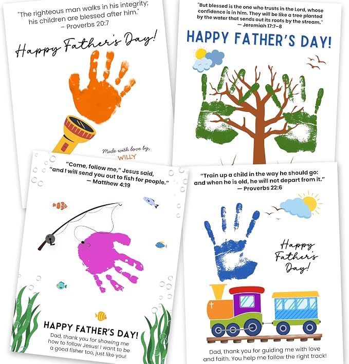 Christian Father’s Day Handprint Craft Kit for Dad, Pack 4 Personalized Bible Verse Keepsake Gift, Faith-Based Handprint Art, Meaningful Father’s Day Memory Gifts, DIY Keepsake Gift Inspired by Faith and Love
