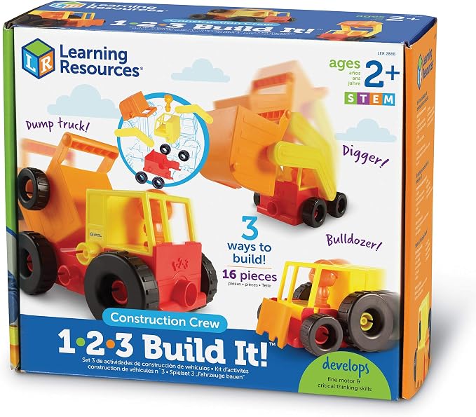 Learning Resources 1-2-3 Build It Construction Crew - Take Apart Construction Toys, Toddler Excavator Toy, Kids Dump Truck Toy, Tractor Toys for Kids 3-5, Building Sets for 4 Year Olds