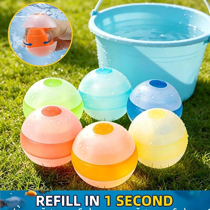 Reusable Water Balloons for Kids, Outdoor Summer Pool Beach Water Toys, Refillable Quick Fill Water Balloons for Boys and Girls Ages 3+ (6Pcs)