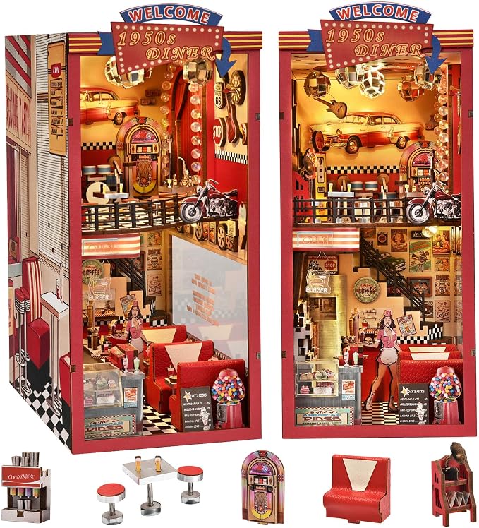 fifijoy Book Nook Kit - DIY Miniature House Dollhouse Kit for Adults and Teens, Booknook Retro Diner Bookshelf Decor 3D Wooden Puzzle with LED Light, Gifts for Family and Friends (1950s Diner)