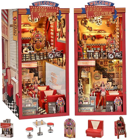 fifijoy Book Nook Kit - DIY Miniature House Dollhouse Kit for Adults and Teens, Booknook Retro Diner Bookshelf Decor 3D Wooden Puzzle with LED Light, Gifts for Family and Friends (1950s Diner)