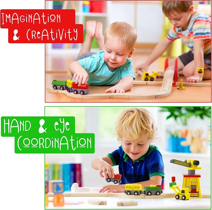 KipiPol Wooden Train Sets for Boys 2-4-7 – 38 Pcs Wood Train Set for Toddlers w/Crane, Bridge & Wooden Train Tracks – Train Toys for 3 Year Old Boys & Girls – Fits Thomas Brio IKEA Melissa and Doug