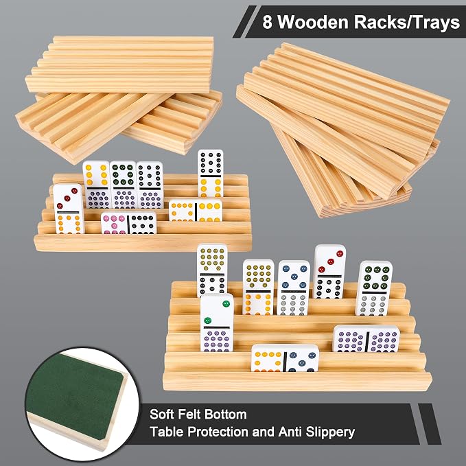 Mexican Train Dominoes Set Double 15, Dominoes Set for Adults and Family, Colored Dot - 136 Tiles in Tin Box, 9 Trains, Hub, 8PCS Wooden Trays