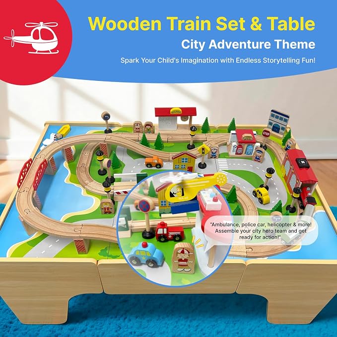 Wooden Train Set & Table for Toddlers, Reversible Activity Table with Storage Drawer, Compatible with Thomas, Birthday Gift for Kids Ages 3-7