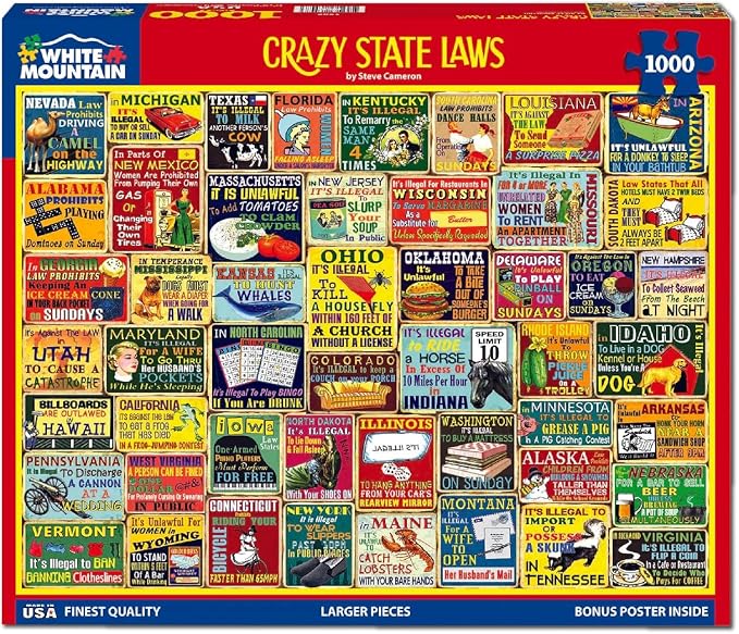 White Mountain 1000 Piece Jigsaw Puzzle Funny Rules Collage Puzzles with Large Pieces Gift for Adults and Family 24"x30" - Crazy State Laws