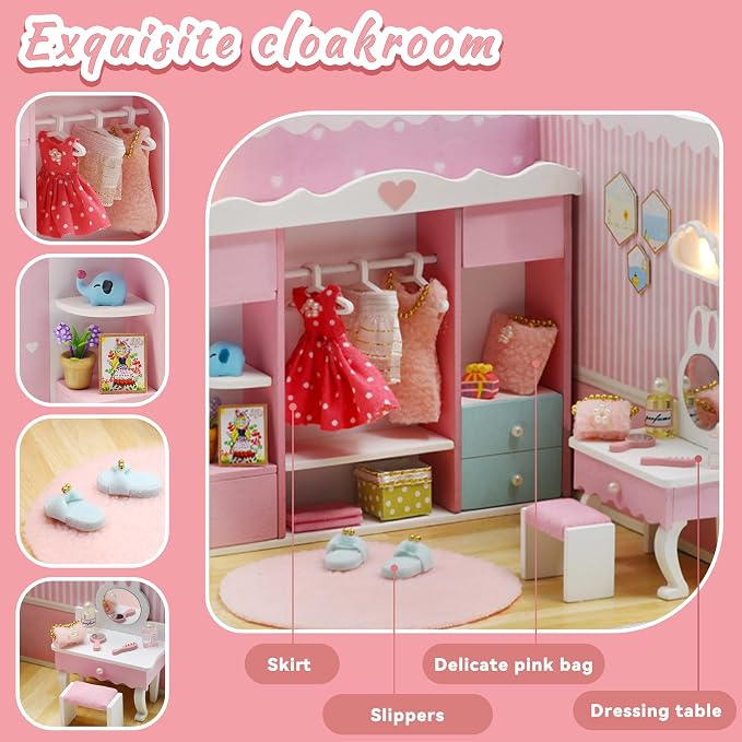 Kisoy Dollhouse Miniature with Furniture Kit, DIY 3D Wooden DIY House Kit A Corner of a Small Apartment Style with Dust Cover & LED,Handmade Tiny House Toys for Adults Gift（Cloak Room）