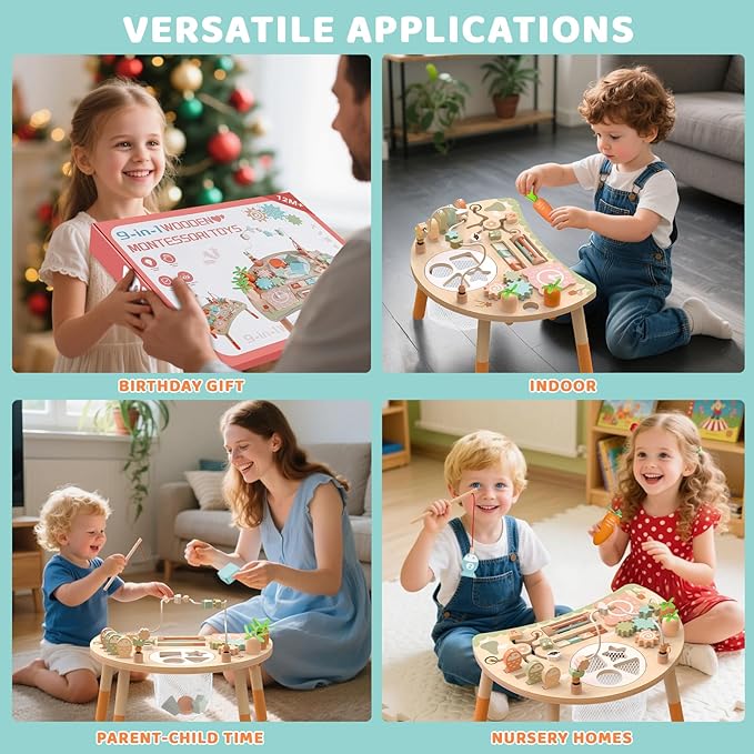 Wooden Activity Table for Toddlers 1-3, 9 in 1 Montessori Sensory Table with Bead Maze Shape Sorter Fishing Game, Baby Activity Table Learning Toys for 1 2 3 Year Old Boys Girls