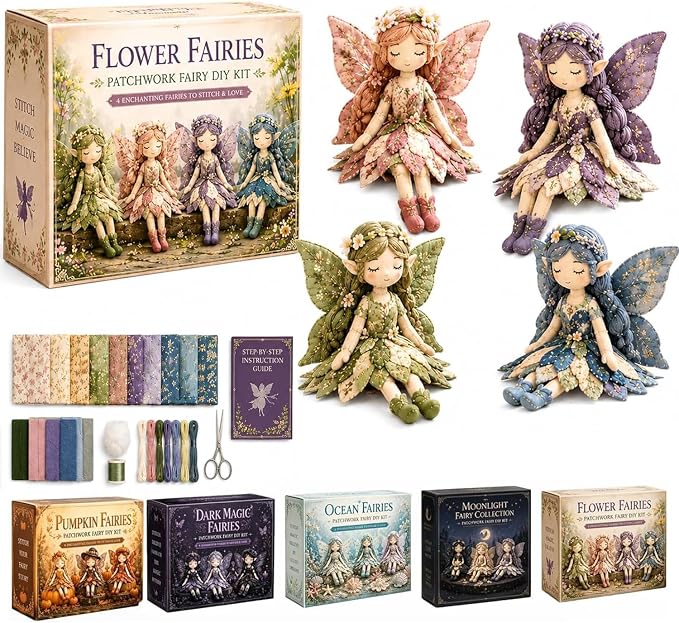 Fairy Patchwork DIY Collection, Fun Flower Fairy Patchwork Sewing Kit, Make 4pcs Winged Elf Cloth Dolls, Complete Fabric Supplies DIY Craft Set for Beginner Crafters, Home Handmade Gift