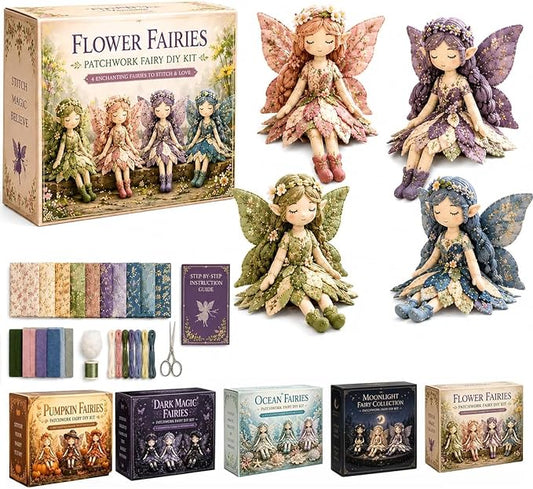 Fairy Patchwork DIY Collection, Fun Flower Fairy Patchwork Sewing Kit, Make 4pcs Winged Elf Cloth Dolls, Complete Fabric Supplies DIY Craft Set for Beginner Crafters, Home Handmade Gift