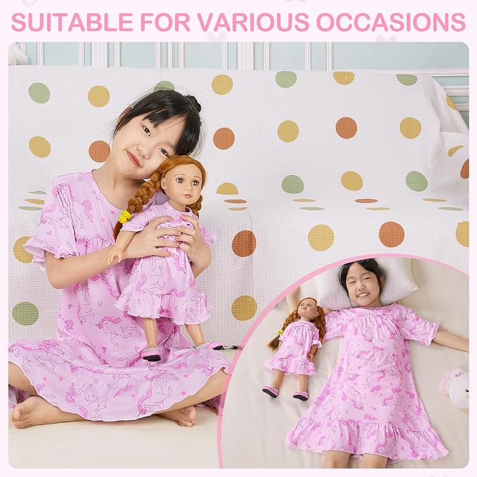 MHJY Matching Girls & Doll Nightgowns Vintage Short Sleeve Sleepwear Pajamas Dress for Girls and 18" Girl Doll