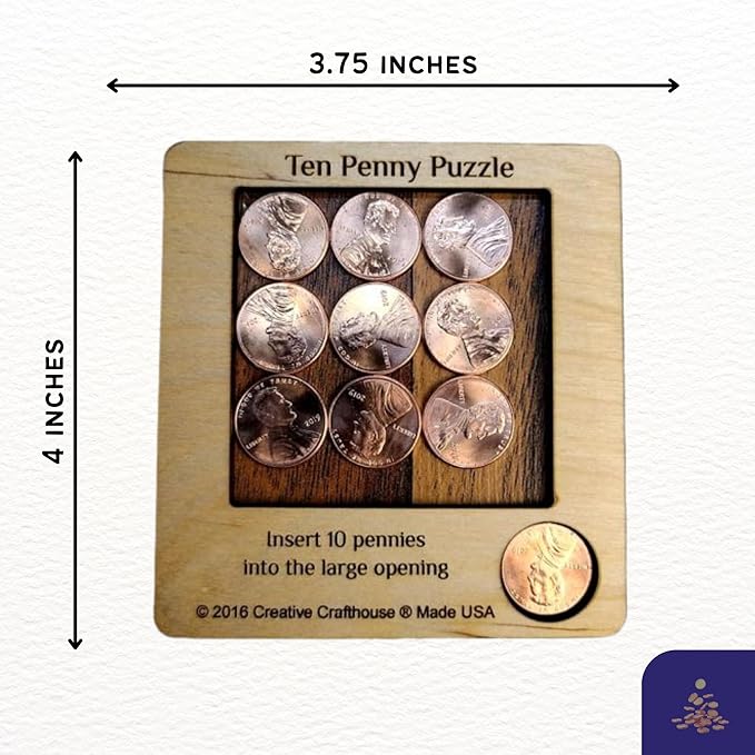 Creative Crafthouse 10 Penny Puzzle, Wood Coin Brain Teaser for Adults | Pack every penny flat into the tray. A coffee table and executive office challenge, gift ready for collectors