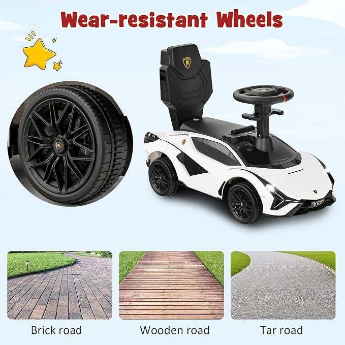 INFANS 3 in 1 Ride on Push Car, Licensed Lamborghini Baby Stroller Sliding Walking Car with Push Handle, Music, USB, Headlight, Under Seat Storage, Kids Foot-to-Floor Toy for 18-60 Months (White)
