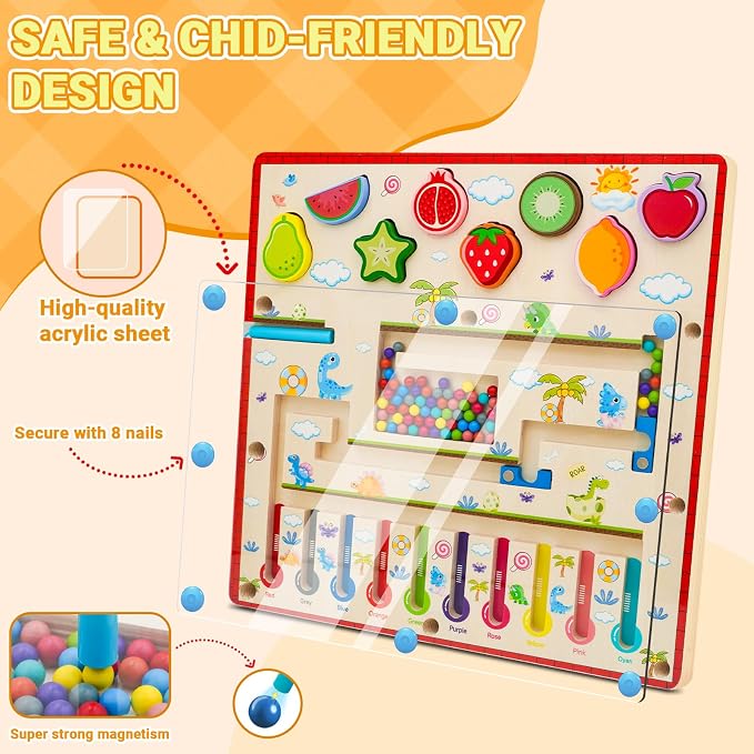 MEGRANATE Montessori Magnetic Color and Number Maze Toys Wooden Shape Sorter Game for Toddler Magnet Balls Puzzle Board Educational Sensory Learning Toy for 3+ Years Old Kids
