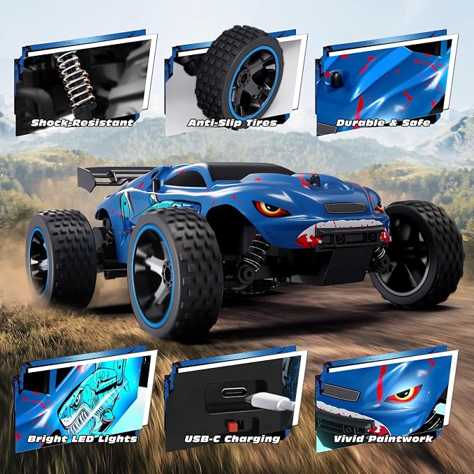 Tecnock RC Cars for Kids, 1:18 Scale 2WD RC Car with USB-C Easy Charging, 2.4GHz Remote Control Car with LED Lights & 50 Mins Playtime, Toys Gifts for Boys & Girls Ages 8-12