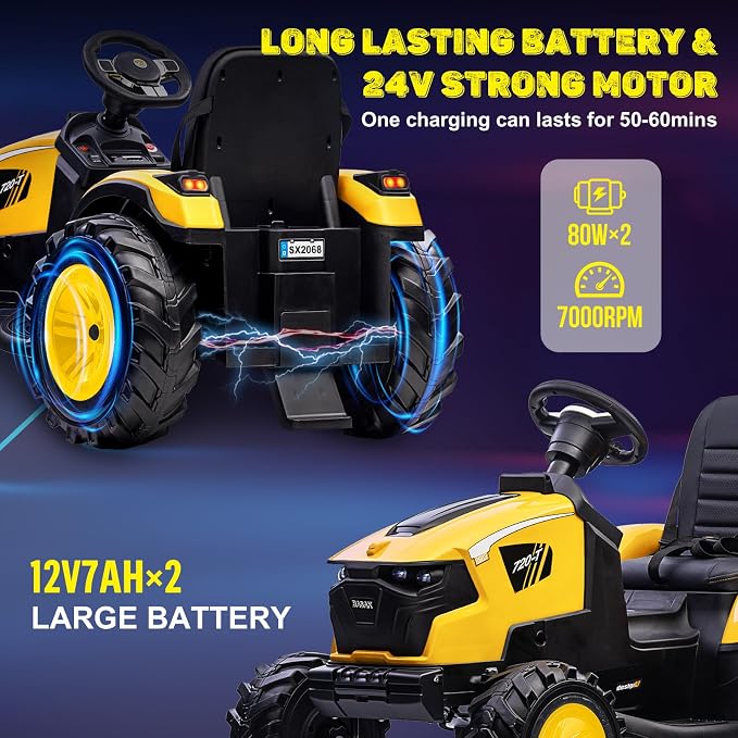 3 in 1 Ride on Tractor, 24V Ride on Toy for Big Kids, Excavator Bulldozer - Battery-Powered Electric Vehicle w/Trailer, Digger, Remote Control, LED Lights, Music, USB, Battery Powered, Yellow