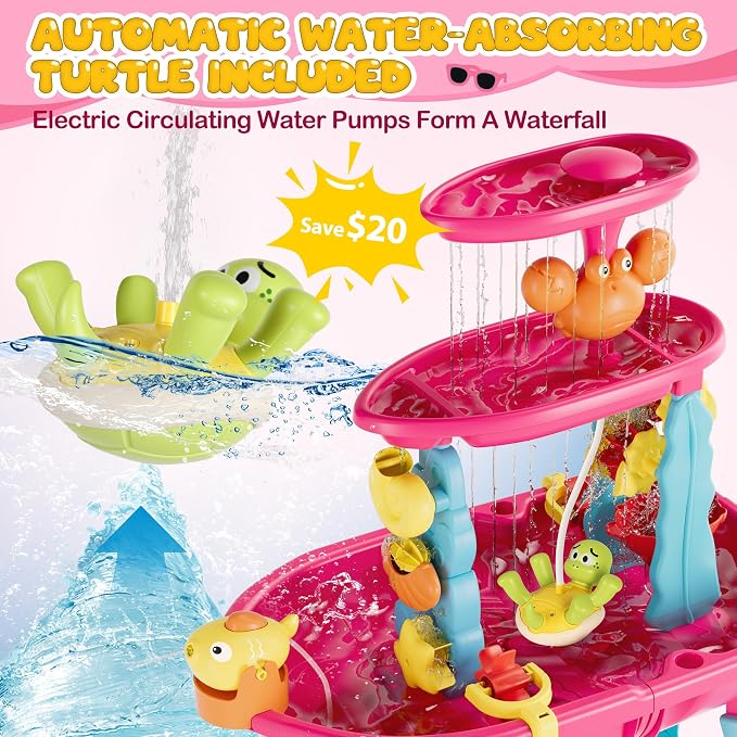 Kids Sand Water Table for Toddlers with Umbrella/Water Pumb, 3-Tier Outdoor Water Sand Play Table Beach Toys, Summer Splash Activity Sensory Table Party Birthday Gift for Kids 3 4 5 6 7 8(Red)