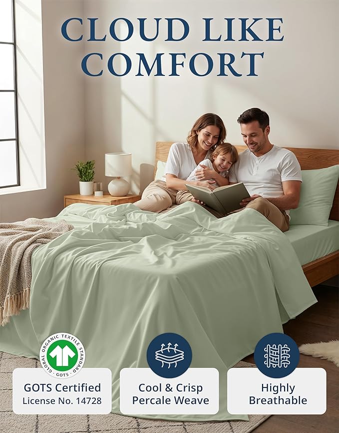 LANE LINEN Twin XL Sheets 100% Organic Cotton 3pc Percale Cooling - Mineral | Twin XL Sheets In GOTS Certified Organic Cotton Percale - Crisp Cool Percale Weave, Great For Gifting, For Hot Sleepers