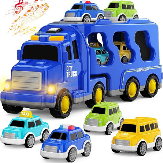 FunMission Toddlers City Truck Toys for Kids 3-9 Year Old，5 in 1 Friction Power Vehicle Car for 3 4 5 6 7 Years Old Boys Girls，Carrier Truck Transport Toys for Christmas and Birthday Gifts