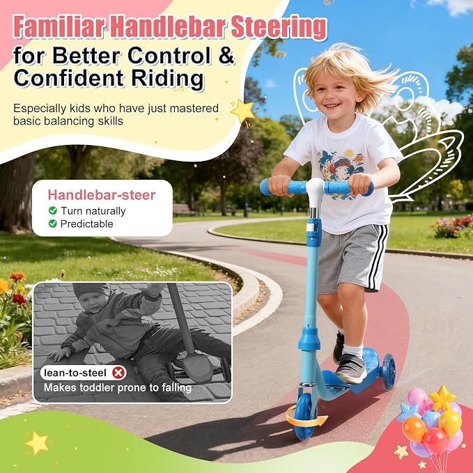 Kick Scooter for Kids Ages 3-7, Three Wheel Toddler Scooter with Handlebar Steering(No Lean),Height Adjustable, Light Up Rear Wheels, Indoor Outdoor Toy for Girls Boys, Holiday Birthday Gift