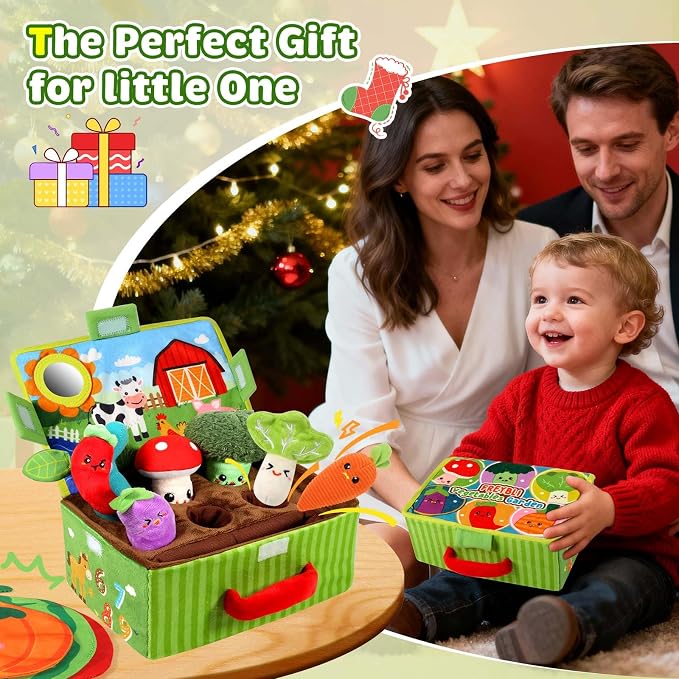 FREYBLI Baby Toys 6-12 Months - Soft Fruits Vegetable Garden Plant Plush Toy - 6 Month Old Baby Toys Boy Girl Gifts - Baby Sensory Montessori Toys with Rattles Mirror Squeaker Textures Crinkle Tissues