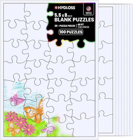 Hygloss 100 Blank Jigsaw Puzzles – 5.5 x 8 Inch, 28 Pieces Each – DYI Party invites, Perfect for Decorating, Kids' Activities, Arts & Crafts or Party Favors - Puzzle Pieces to Draw On for Crafts