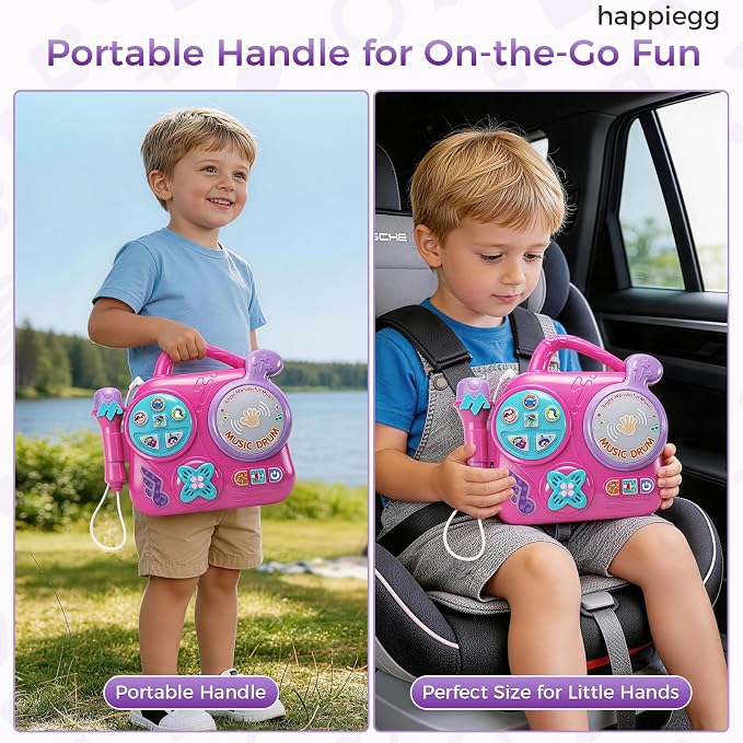 Kids Karaoke Machine with Microphone: Toddler Music Player & Light-Up Drum - Sound Toy with Handle for Boys Girls 3+, Pink
