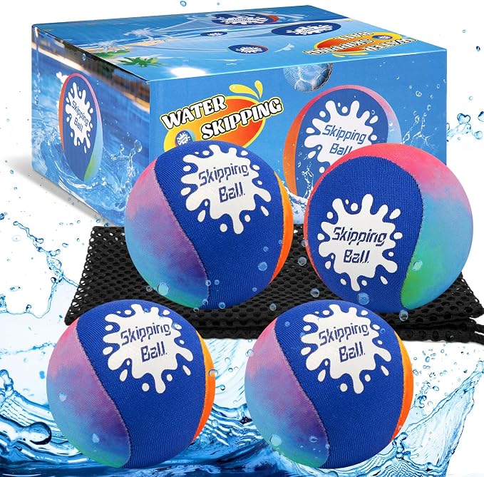 Korlon Skipping Water Balls, 4 Pack Skip Water Bouncing Ball with Mesh Bag, Summer Water Pool Toys for Kids Ages 4-8 8-12 Adults Games Cool Lake Beach Fun