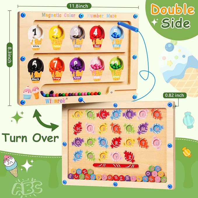 2 in 1 Magnetic Color and Number Maze, ABC Alphabet Puzzles Board Magnet Ice Cream Toys, Montessori Educational Magnet Puzzle, Preschool Learning Counting Toys for 2 3 4 5 Birthday Gifts