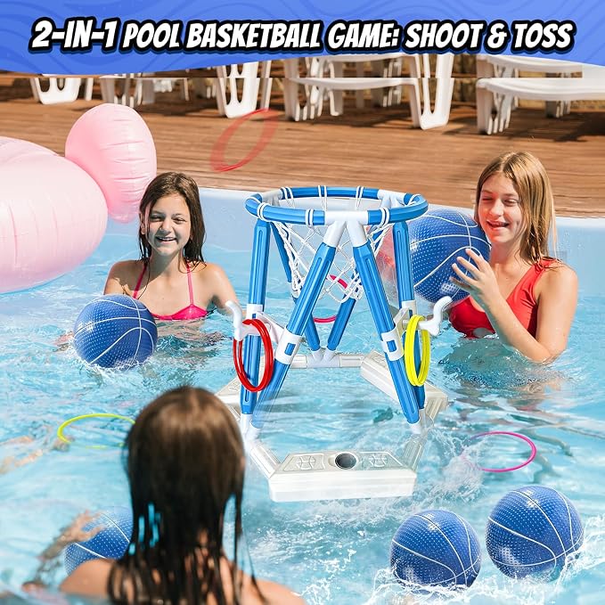 2-in-1 Pool Basketball Hoop & Ring Games, Summer Water Outdoor Party Pool Toys for Kids Ages 4-8, 8-12, Summer Outdoor Water Toys Pool Games for Adults and Family Birthday Pool Basketball Games Toys