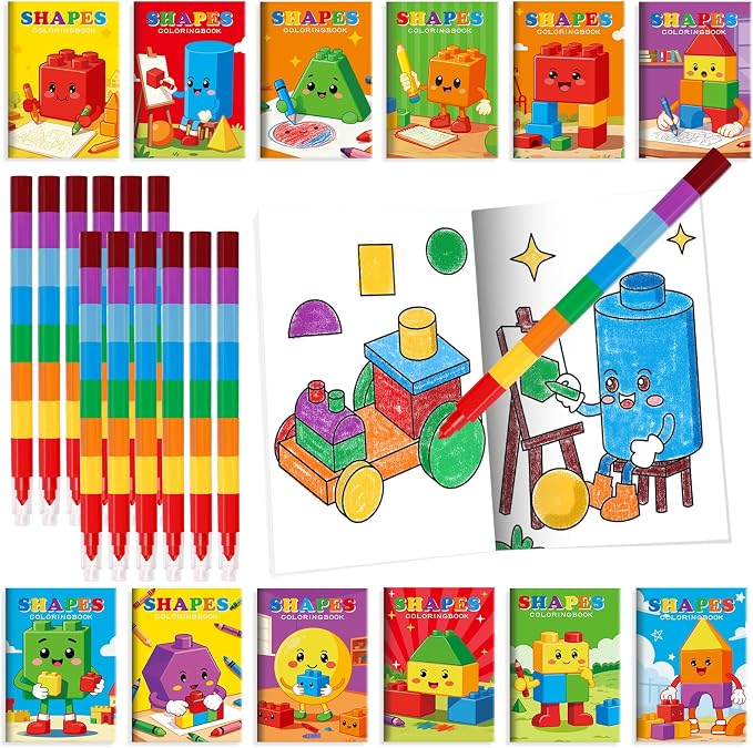 BenLouis 24 Building Block Mini Coloring Books Kids with 24 Stacking Crayons Geometric Shapes Party Favors Activity Books Bulk for Kids Building Goodie Bag Gift Stuffer Classroom Reward