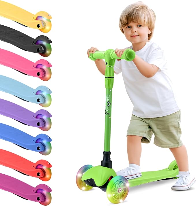 Hurtle Mini Kickboard 3 Wheel Scooter for Kids Ages 2-5 - Lean-to-Steer Toddler Scooter with Light-up LED Wheels, Adjustable Height & Rear Foot Brake for Boys. & Girls, Anti-Slip, Indoor/Outdoor