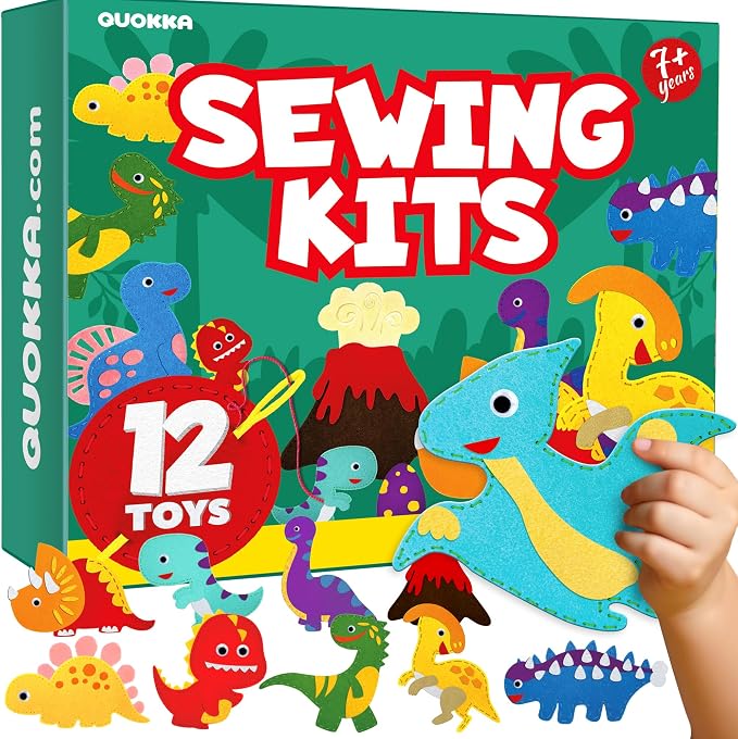 QUOKKA Kids Crafts Ages 7-9, DIY Beginner Needle and Thread Kit - 12 Wild Dino Sewing Kit Basic - Fun Arts Crafts for Kids Ages 7-9 Girls Boys - Plastic Needles, Scissors - 7+ Year Old Girl Gifts