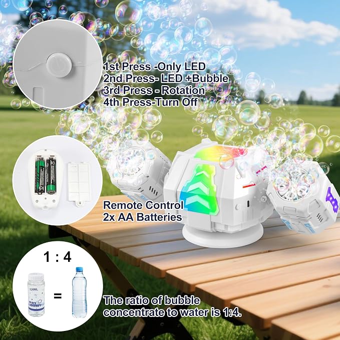 2026 RC Bubble Machine with RGB Lights, 360° Auto Rotation Bubbles Toy, Rechargeable Battery, Bubble Blower Maker for Kids, Parties, Birthday Gift, Weddings, Indoor Outdoor Activity, 30k+ Bubbles/Min
