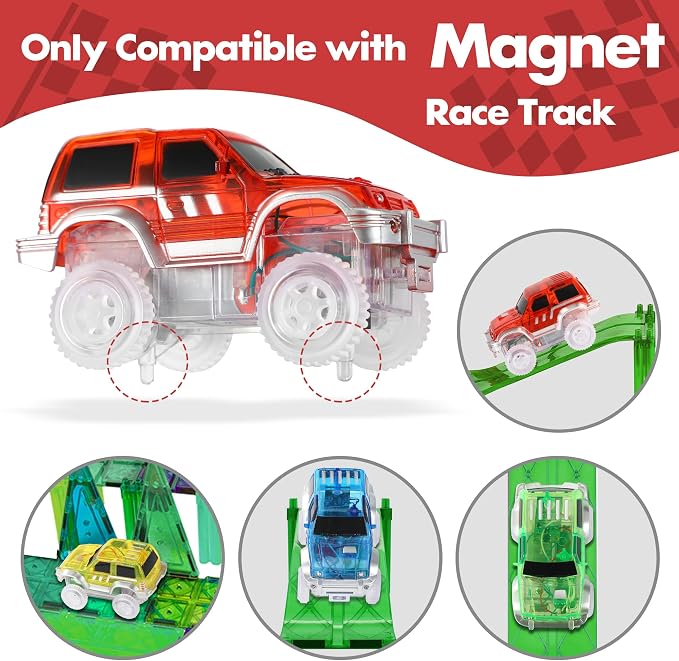 Magnetic Track Cars Replacement Only, Flex Track Race cars Accessories Construction Building Kits for Magnet Tracks Glow in the Dark, Only Compatible with Magnetic Car Tracks for Kids Ages 3+ (4pack)