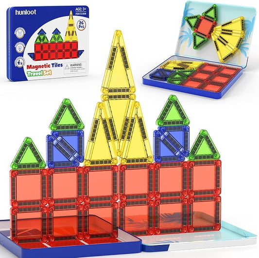 Magnetic Tiles Mini Building Blocks STEM Toys for 3-8 Year Olds, 26PCS Travel-Friendly Set with Storage Iron Box, Educational Construction Playset for Toddlers, Birthday Gift for Boys & Girls